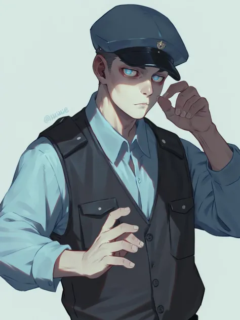 1boy bags_under_eyes blue_shirt closed_mouth collared_shirt fingernails long_sleeves looking_at_viewer male_focus mature_male police police_uniform red_background shirt small_pupils solo twitter_username uniform vest walkie-talkie, <lora:Murano:0.8>, score_9, score_8_up, score_7_up
