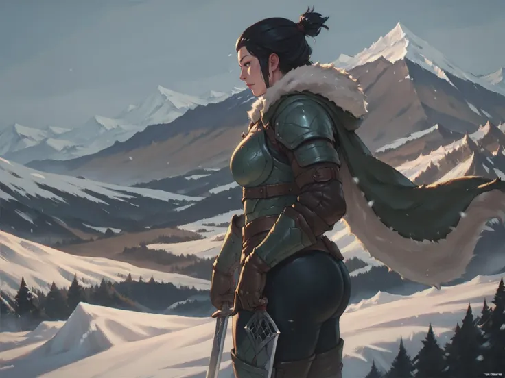 adult woman, mature, black hair, standing on the mountain, muscular female, green armor, gloves, pauldrons, holding sword, fur cape, ass, snow, mountains, side view, solo, <lora:Murano:0.8>, score_9, score_8_up, score_7_up