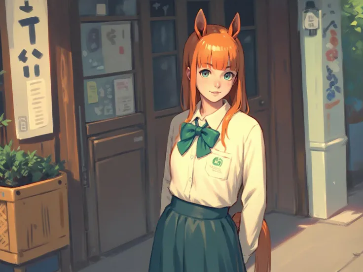1girl alternate_costume animal_ears aqua_eyes arms_behind_back blunt_bangs bow bowtie collared_shirt floating_hair green_bow green_bowtie horse_ears horse_girl horse_tail long_hair long_sleeves looking_at_viewer orange_hair outdoors parted_lips school_uniform shirt smile standing tail white_shirt, <lora:Murano:0.8>, score_9, score_8_up, score_7_up