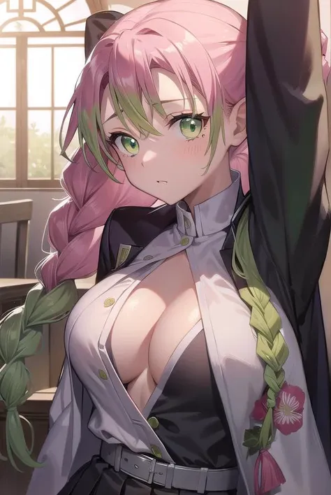 NSFW,(((1girl,1boy,fellatio))),Mitsurikanlogy, Kanroji Temple Mitsutoshi, Mitsuami, gradation hair, (green eyes:1.5), green hair, long hair, mole,  mole under eye, colorful hair, pink hair, twin Mitsuamis, two tone hair,
break belt, black skirt, cleavage, cook coat, demon slayer uniform, Haori, kimono, long sleeve, miniskirt,  partially unbuttoned, pleated skirt, skirt, uniform,
break looking at viewer,
break indoors,
break (masterpiece:1.2), highest quality, High resolution, unity 8k wallpaper, (illustration:0.8), (beautiful and detailed eyes:1.6), highly detailed face, perfect lighting, Very detailed CG, (perfect hands, perfect anatomy),white lace decorated panties,