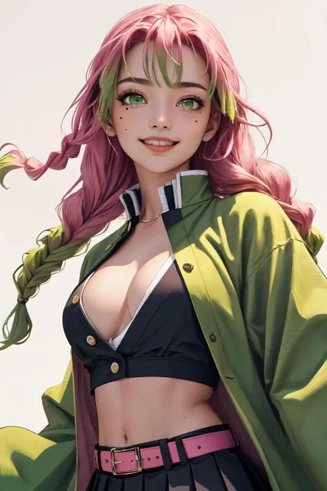 <lora:mitsurikanrojitest:0.9>
mitsuri kanroji, braid, gradient hair, (green eyes:1.5), green hair, long hair, mole,  mole under eye, multicolored hair, pink hair, twin braids, two-tone hair, (navel), pink panties, from below,
belt, black skirt, cleavage, coat, demon slayer uniform, haori, japanese clothes, long sleeves, miniskirt,  partially unbuttoned, pleated skirt, skirt, uniform,
(best quality, masterpiece, RAW photo,ultra-detailed:1.2), <lyco:GoodHands-beta2:1.0>,1girl,solo,looking at viewer,smile