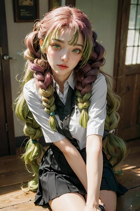 1 girl、Buckshot、Are standing、Blunt Bangs、Long Hair、Twin tails、Green Hair、dress、Frills、indoor、Book棚、Book、scroll、Blurred Background、Book棚のBookを取っている、Stretching back、Angle from below、