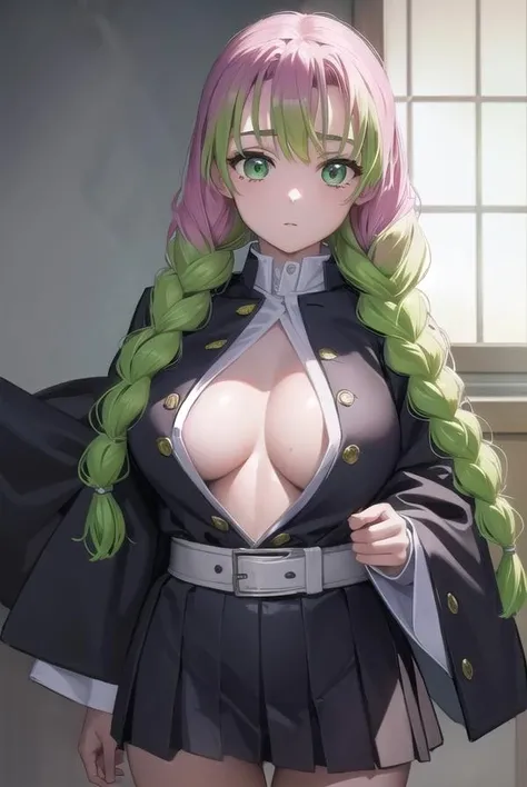mitsurikanroji, <lora:mitsurikanroji-lora-nochekaiser:1>,
mitsuri kanroji, braid, gradient hair, (green eyes:1.5), green hair, long hair, mole,  mole under eye, multicolored hair, pink hair, twin braids, two-tone hair,
BREAK belt, black skirt, cleavage, coat, demon slayer uniform, haori, japanese clothes, long sleeves, miniskirt,  partially unbuttoned, pleated skirt, skirt, uniform,
BREAK indoors,
BREAK looking at viewer, (cowboy shot:1.5),
BREAK <lyco:GoodHands-beta2:1>, (masterpiece:1.2), best quality, high resolution, unity 8k wallpaper, (illustration:0.8), (beautiful detailed eyes:1.6), extremely detailed face, perfect lighting, extremely detailed CG, (perfect hands, perfect anatomy),