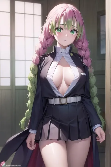 mitsurikanroji, <lora:mitsurikanroji-lora-nochekaiser:1>,
mitsuri kanroji, braid, gradient hair, (green eyes:1.5), green hair, long hair, mole,  mole under eye, multicolored hair, pink hair, twin braids, two-tone hair,
BREAK belt, black skirt, cleavage, coat, demon slayer uniform, haori, japanese clothes, long sleeves, miniskirt,  partially unbuttoned, pleated skirt, skirt, uniform,
BREAK indoors,
BREAK looking at viewer, (cowboy shot:1.5),
BREAK <lyco:GoodHands-beta2:1>, (masterpiece:1.2), best quality, high resolution, unity 8k wallpaper, (illustration:0.8), (beautiful detailed eyes:1.6), extremely detailed face, perfect lighting, extremely detailed CG, (perfect hands, perfect anatomy),