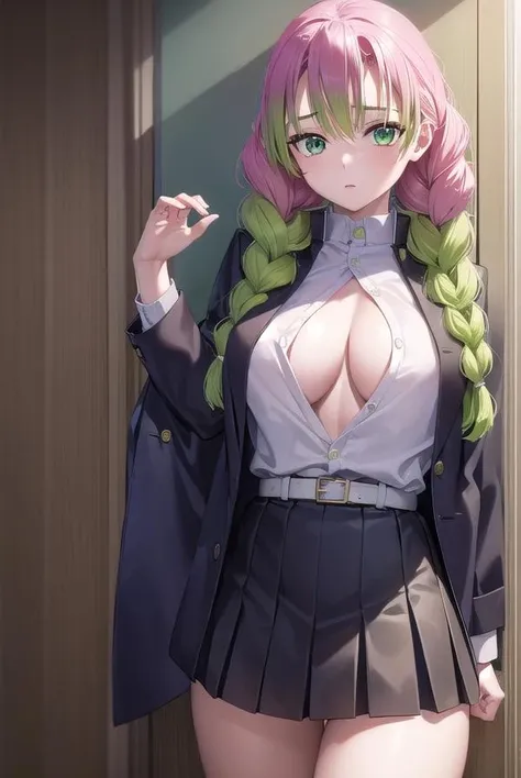 mitsurikanroji, <lora:mitsurikanroji-lora-nochekaiser:1>,
mitsuri kanroji, braid, gradient hair, (green eyes:1.5), green hair, long hair, mole, mole under eye, multicolored hair, pink hair, twin braids, two-tone hair,
BREAK belt, black skirt, cleavage, coat, demon slayer uniform, haori, japanese clothes, long sleeves, miniskirt, partially unbuttoned, pleated skirt, skirt, uniform,
BREAK indoors,
BREAK looking at viewer, (cowboy shot:1.5),
BREAK <lyco:GoodHands-beta2:1>, (masterpiece:1.2), best quality, high resolution, unity 8k wallpaper, (illustration:0.8), (beautiful detailed eyes:1.6), extremely detailed face, perfect lighting, extremely detailed CG, (perfect hands, perfect anatomy),
