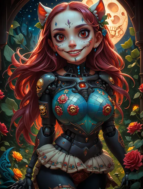 hyperrealistic, photorealistic, cinematic, ultra highly detailed, tiny details, complex background, fantasy art, ray tracing, octane rendering, absurdres, vibrant colors, vivid colors, strong colors, nsfw,
dark tales, lushy flora and fauna, forest, moon and stars, in the fields under a starry sky, sky and background like it was illustrated by Van Gogh, (storybook detailed illustration), Dan Mumford, Andy Kehoe, patchwork, stained glass, fairytale, mystical, luminous,
adorable appearance of a cute mexican girl with Skull makeup, Mexican Día de Muertos, whole body illustration, extremely detailed face, (freckles, snub nose, red cheeks, prominent cheekbones), (happy, cheeky look, smiling), tattooed girl,
<lora:add-detail-xl:0.55>, <lora:wowifierXL:0.75> art by mooncryptowow, <lora:xl_more_art-full_v1:0.45>,
<lora:milkers_v2:0.34>,
<lora:EnvyCuteXL04:0.10>, <lora:EnvyCuteXL05:0.15>,
<lora:Nicholas_Kole:0.50>, <lora:samulora-xl_v005-000011:0.50> samurahiroaki,
<lora:MapleStory2XL:0.25>