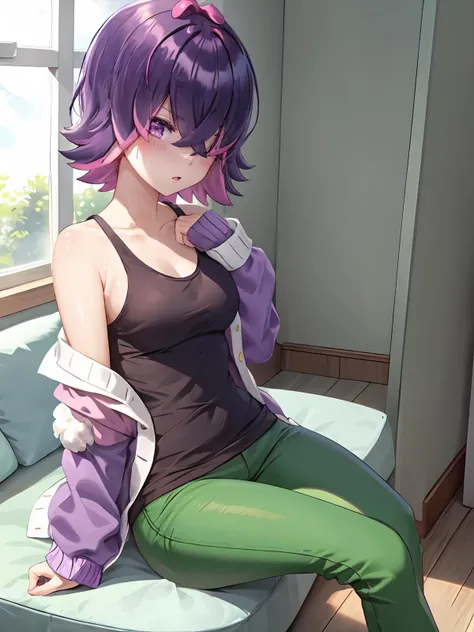 {hololive, tokoyami towa,purple hair, twintails, green eyes, long hair,demon tail}{whitejacket, black shorts, black cap,navel}, bottomless, masturbation