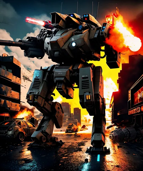 sci-fi, battlemech, <lora:BattleMech:0.85> on battlefield, war, apocalypse, epic shot, fire, smoke, oppressive atmosfere, cinematic, neon light, (Cyberpunk), futuristic, neon, urban, dystopian