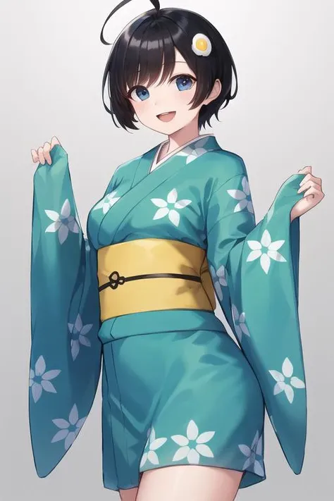masterpiece,bestquality,ultra-detailed,Cinematic Lighting,llustration,masterpiece, best quality, 1girl, medium breasts, solo, <lora:Araragi Tsukihi:0.5>, egg hair ornament, kimono, japanese clothes, araragi tsukihi, hair ornament, food-themed hair ornament, black hair, ahoge, short hair, open mouth, simple background, looking at viewer, grey background, bangs, smile, sash, obi, wide sleeves, long sleeves, fried egg, blue eyes, :d, green kimono, egg (food), food, cowboy shot, hands up, yellow sash, blue kimono, sleeves past wrists, short kimono, black eyes, standing, skatesrealistic and detailed clothes, fine fabric emphasis, photorealistic, (extremely detailed), detailed hair, best resolution, best quality, best resolution, best quality, (Masterpiece), extremely detailed face, Original Character, perfect lighting, best colors, colorful, beautiful, fine detail, ultra high resolution, Natural Volumetric Lighting And Best Shadows, Deep Depth Of Field, (Highest Quality, Amazing Details:1.4)