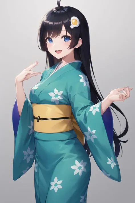 masterpiece,bestquality,ultra-detailed,Cinematic Lighting,llustration,masterpiece, best quality, 1girl, medium breasts, solo, <lora:Araragi Tsukihi:0.5>, egg hair ornament, kimono, japanese clothes, araragi tsukihi, hair ornament, food-themed hair ornament, black hair, ahoge, long hair, open mouth, simple background, looking at viewer, grey background, bangs, smile, sash, obi, wide sleeves, long sleeves, fried egg, blue eyes, :d, green kimono, egg (food), food, cowboy shot, hands up, yellow sash, blue kimono, sleeves past wrists, short kimono, black eyes, standing, skatesrealistic and detailed clothes, fine fabric emphasis, photorealistic, (extremely detailed), detailed hair, best resolution, best quality, best resolution, best quality, (Masterpiece), extremely detailed face, Original Character, perfect lighting, best colors, colorful, beautiful, fine detail, ultra high resolution, Natural Volumetric Lighting And Best Shadows, Deep Depth Of Field, (Highest Quality, Amazing Details:1.4)