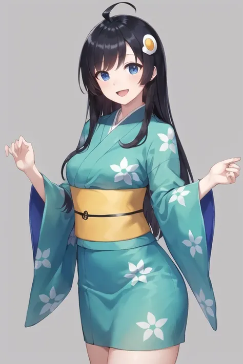 masterpiece,bestquality,ultra-detailed,Cinematic Lighting,llustration,masterpiece, best quality, 1girl, medium breasts, solo, <lora:Araragi Tsukihi:0.5>, egg hair ornament, kimono, japanese clothes, araragi tsukihi, hair ornament, food-themed hair ornament, black hair, ahoge, long hair, open mouth, simple background, looking at viewer, grey background, bangs, smile, sash, obi, wide sleeves, long sleeves, fried egg, blue eyes, :d, green kimono, egg (food), food, cowboy shot, hands up, yellow sash, blue kimono, sleeves past wrists, short kimono, black eyes, standing, skatesrealistic and detailed clothes, fine fabric emphasis, photorealistic, (extremely detailed), detailed hair, best resolution, best quality, best resolution, best quality, (Masterpiece), extremely detailed face, Original Character, perfect lighting, best colors, colorful, beautiful, fine detail, ultra high resolution, Natural Volumetric Lighting And Best Shadows, Deep Depth Of Field, (Highest Quality, Amazing Details:1.4)