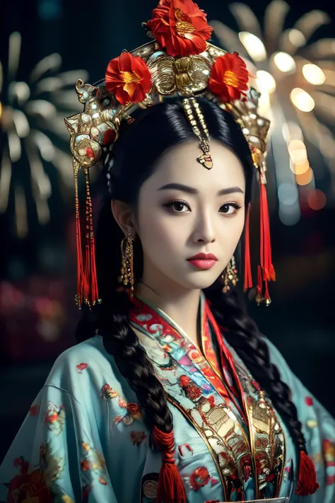 masterpiece,(best quality:1.3),ultra high res,raw photo,detailed skin,beautiful lighting,(realistic, photo-realistic:1.4),
1girl,<lora:ChinaOperaV1:1>,guofeng,full body,(Fireworks background:1.2),Professional stage light,