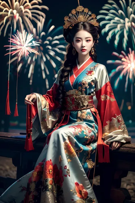 masterpiece,(best quality:1.3),ultra high res,raw photo,detailed skin,beautiful lighting,(realistic, photo-realistic:1.4),
1girl,<lora:ChinaOperaV1:0.8>,guofeng,full body,(Fireworks background:1.2),