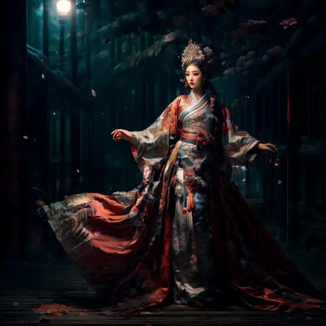 photorealistic, best quality, masterpiece, ultra high res, finely detailed, quality, realistic nature lighting,  intricate details, raw photo, absurdres, highres, ultra detailed, (character focus:1.3), (full body shot:1.4), 
26yo 1girl, (kglamour_magv2:1.3), looking at viewer, portrait, curvy, long hair, hair ornament, sexy, long legs, narrow waist, round hips, thick thigh, medium breasts, blush, Pink lips, Glowing Eyes, (perfect face, detailed pupils, Makeup, detailed pale skin, subsurface scattering, enchanting detailed face), reflection, guofeng, 
 detailed background, romanticism, atmospheric, foggy, aura, eerie atmosphere, fantasy, Serenity, beautiful and aesthetic, delicate, Peaceful, Hopeful, ethereal atmosphere, 
ooden bridge, white lantern, Meadow, Clouds, (detailed chinese traditional architecture, ancient art, Walking trail, misty lake, flying splashes, flying petals, bloom effect, water reflection:1.3), (outdoors, landscape, breeze, ethereal, scenery, nature, wind lift, clear sky, autumn, red leaves forest:1.2), (depth of field:1.4), (flowing sleeves, dancing, dynamic pose:1.3), 
(zentangle, mandala, tangle, entangle), (ecstasy of flower:1.3), the most beautiful form of chaos, elegant, warm tone, soft light, floating particles, 
watercolor style, dynamic brushwork, soft blending, dreamy washes, delicate textures, reflective surfaces, (brilliant colors, expressive motion, energetic compositions, vibrant glow, vivid colours, dynamic colors:1.3), 
(rim light, two tone lighting, dimly lit), (explosive light and shadow:1.3), (light particles, chromatic aberration:1.2), (beautiful view, solitary:1.4), (Cosy, Glowing ambiance, enchanting radiance, luminous lighting, mesmerizing glow, evocative hues, captivating coloration, enchanting aura, melanchonic soft light:1.4), (colorful refraction, Iridescence:1.2), loop lighting, equirectangular 360, Gel lighting, film grain, 
moody lighting, extremely detailed CG Unity 8k wallpaper, dramatic lighting, specular lighting, Circular polarizer, key visual, PBR Texturing, Multi-Layered Textures, Sub-Pixel Convolution,  volumetric lighting, Tone Mapping, Lumen Reflections, Rule of thirds, high dynamic range, Multi-exposure HDR capture, analog,  photon mapping, octane render, unreal engine 5, radiosity, sharp, professionally color graded, automatic white balance, 
<lora:add_detail:0.8>, <lora:more_details:0.5>,  <lora:epiNoiseoffset_v2:1>, <lora:20230528220422:1>,