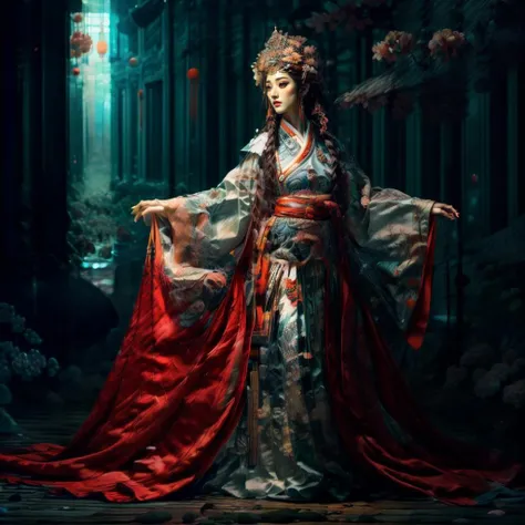 photorealistic, best quality, masterpiece, ultra high res, finely detailed, quality, realistic nature lighting, intricate details, raw photo, absurdres, highres, ultra detailed, (character focus:1.3), (full body shot:1.4),
26yo 1girl, (kglamour_magv2:1.3), looking at viewer, portrait, curvy, long hair, hair ornament, sexy, long legs, narrow waist, round hips, thick thigh, medium breasts, blush, Pink lips, Glowing Eyes, (perfect face, detailed pupils, Makeup, detailed pale skin, subsurface scattering, enchanting detailed face), reflection, guofeng,
detailed background, romanticism, atmospheric, foggy, aura, eerie atmosphere, fantasy, Serenity, beautiful and aesthetic, delicate, Peaceful, Hopeful, ethereal atmosphere,
ooden bridge, white lantern, Meadow, Clouds, (detailed chinese traditional architecture, ancient art, Walking trail, misty lake, flying splashes, flying petals, bloom effect, water reflection:1.3), (outdoors, landscape, breeze, ethereal, scenery, nature, wind lift, clear sky, autumn, red leaves forest:1.2), (depth of field:1.4), (flowing sleeves, dancing, dynamic pose:1.3),
(zentangle, mandala, tangle, entangle), (ecstasy of flower:1.3), the most beautiful form of chaos, elegant, warm tone, soft light, floating particles,
watercolor style, dynamic brushwork, soft blending, dreamy washes, delicate textures, reflective surfaces, (brilliant colors, expressive motion, energetic compositions, vibrant glow, vivid colours, dynamic colors:1.3),
(rim light, two tone lighting, dimly lit), (explosive light and shadow:1.3), (light particles, chromatic aberration:1.2), (beautiful view, solitary:1.4), (Cosy, Glowing ambiance, enchanting radiance, luminous lighting, mesmerizing glow, evocative hues, captivating coloration, enchanting aura, melanchonic soft light:1.4), (colorful refraction, Iridescence:1.2), loop lighting, equirectangular 360, Gel lighting, film grain,
moody lighting, extremely detailed CG Unity 8k wallpaper, dramatic lighting, specular lighting, Circular polarizer, key visual, PBR Texturing, Multi-Layered Textures, Sub-Pixel Convolution, volumetric lighting, Tone Mapping, Lumen Reflections, Rule of thirds, high dynamic range, Multi-exposure HDR capture, analog, photon mapping, octane render, unreal engine 5, radiosity, sharp, professionally color graded, automatic white balance,
<lora:add_detail:0.8>, <lora:more_details:0.5>, <lora:epiNoiseoffset_v2:1>, <lora:20230528220422:1>,