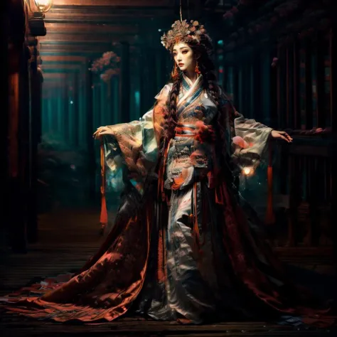 photorealistic, best quality, masterpiece, ultra high res, finely detailed, quality, realistic nature lighting, intricate details, raw photo, absurdres, highres, ultra detailed, (character focus:1.3), (full body shot:1.4),
26yo 1girl, (kglamour_magv2:1.3), looking at viewer, portrait, curvy, long hair, hair ornament, sexy, long legs, narrow waist, round hips, thick thigh, medium breasts, blush, Pink lips, Glowing Eyes, (perfect face, detailed pupils, Makeup, detailed pale skin, subsurface scattering, enchanting detailed face), reflection, guofeng,
detailed background, romanticism, atmospheric, foggy, aura, eerie atmosphere, fantasy, Serenity, beautiful and aesthetic, delicate, Peaceful, Hopeful, ethereal atmosphere,
ooden bridge, white lantern, Meadow, Clouds, (detailed chinese traditional architecture, ancient art, Walking trail, misty lake, flying splashes, flying petals, bloom effect, water reflection:1.3), (outdoors, landscape, breeze, ethereal, scenery, nature, wind lift, clear sky, autumn, red leaves forest:1.2), (depth of field:1.4), (flowing sleeves, dancing, dynamic pose:1.3),
(zentangle, mandala, tangle, entangle), (ecstasy of flower:1.3), the most beautiful form of chaos, elegant, warm tone, soft light, floating particles,
watercolor style, dynamic brushwork, soft blending, dreamy washes, delicate textures, reflective surfaces, (brilliant colors, expressive motion, energetic compositions, vibrant glow, vivid colours, dynamic colors:1.3),
(rim light, two tone lighting, dimly lit), (explosive light and shadow:1.3), (light particles, chromatic aberration:1.2), (beautiful view, solitary:1.4), (Cosy, Glowing ambiance, enchanting radiance, luminous lighting, mesmerizing glow, evocative hues, captivating coloration, enchanting aura, melanchonic soft light:1.4), (colorful refraction, Iridescence:1.2), loop lighting, equirectangular 360, Gel lighting, film grain,
moody lighting, extremely detailed CG Unity 8k wallpaper, dramatic lighting, specular lighting, Circular polarizer, key visual, PBR Texturing, Multi-Layered Textures, Sub-Pixel Convolution, volumetric lighting, Tone Mapping, Lumen Reflections, Rule of thirds, high dynamic range, Multi-exposure HDR capture, analog, photon mapping, octane render, unreal engine 5, radiosity, sharp, professionally color graded, automatic white balance,
<lora:add_detail:0.8>, <lora:more_details:0.5>, <lora:epiNoiseoffset_v2:1>, <lora:20230528220422:1>,