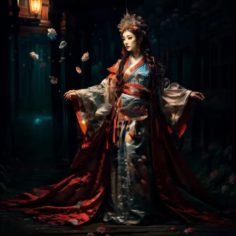 photorealistic, best quality, masterpiece, ultra high res, finely detailed, quality, realistic nature lighting,  intricate details, raw photo, absurdres, highres, ultra detailed, (character focus:1.3), (full body shot:1.4), 
26yo 1girl, (kglamour_magv2:1.3), looking at viewer, portrait, curvy, long hair, hair ornament, sexy, long legs, narrow waist, round hips, thick thigh, medium breasts, blush, Pink lips, Glowing Eyes, (perfect face, detailed pupils, Makeup, detailed pale skin, subsurface scattering, enchanting detailed face), reflection, guofeng, 
 detailed background, romanticism, atmospheric, foggy, aura, eerie atmosphere, fantasy, Serenity, beautiful and aesthetic, delicate, Peaceful, Hopeful, ethereal atmosphere, 
ooden bridge, white lantern, Meadow, Clouds, (detailed chinese traditional architecture, ancient art, Walking trail, misty lake, flying splashes, flying petals, bloom effect, water reflection:1.3), (outdoors, landscape, breeze, ethereal, scenery, nature, wind lift, clear sky, autumn, red leaves forest:1.2), (depth of field:1.4), (flowing sleeves, dancing, dynamic pose:1.3), 
(zentangle, mandala, tangle, entangle), (ecstasy of flower:1.3), the most beautiful form of chaos, elegant, warm tone, soft light, floating particles, 
watercolor style, dynamic brushwork, soft blending, dreamy washes, delicate textures, reflective surfaces, (brilliant colors, expressive motion, energetic compositions, vibrant glow, vivid colours, dynamic colors:1.3), 
(rim light, two tone lighting, dimly lit), (explosive light and shadow:1.3), (light particles, chromatic aberration:1.2), (beautiful view, solitary:1.4), (Cosy, Glowing ambiance, enchanting radiance, luminous lighting, mesmerizing glow, evocative hues, captivating coloration, enchanting aura, melanchonic soft light:1.4), (colorful refraction, Iridescence:1.2), loop lighting, equirectangular 360, Gel lighting, film grain, 
moody lighting, extremely detailed CG Unity 8k wallpaper, dramatic lighting, specular lighting, Circular polarizer, key visual, PBR Texturing, Multi-Layered Textures, Sub-Pixel Convolution,  volumetric lighting, Tone Mapping, Lumen Reflections, Rule of thirds, high dynamic range, Multi-exposure HDR capture, analog,  photon mapping, octane render, unreal engine 5, radiosity, sharp, professionally color graded, automatic white balance, 
<lora:add_detail:0.8>, <lora:more_details:0.5>,  <lora:epiNoiseoffset_v2:1>, <lora:20230528220422:1>,