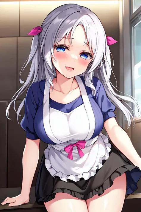 blue shirt,frilled maid apron,collarbone,Black short skirt,Vest, <lora:mother_the_opposite-KK77-V1:0.7>,pink bow on her head,hair ribbon, silver hair,blue eyes,twin drills,Long_hair, 
1 girl, 20yo,Young female,Beautiful Finger,Beautiful long legs,Beautiful body,Beautiful Nose,Beautiful character design, perfect eyes, perfect face,expressive eyes, looking at viewer, in the center of the image,(light_smile:0.5), official art,extremely detailed CG unity 8k wallpaper, perfect lighting,Colorful, Bright_Front_face_Lighting,shiny skin, (masterpiece:1.0),(best_quality:1.0), ultra high res,4K,ultra-detailed, photography, 8K, HDR, highres, absurdres:1.2, Kodak portra 400, film grain, blurry background, bokeh:1.2, lens flare, (vibrant_color:1.2) (Beautiful,large_Breasts:1.0), (beautiful_face:1.5),(narrow_waist)