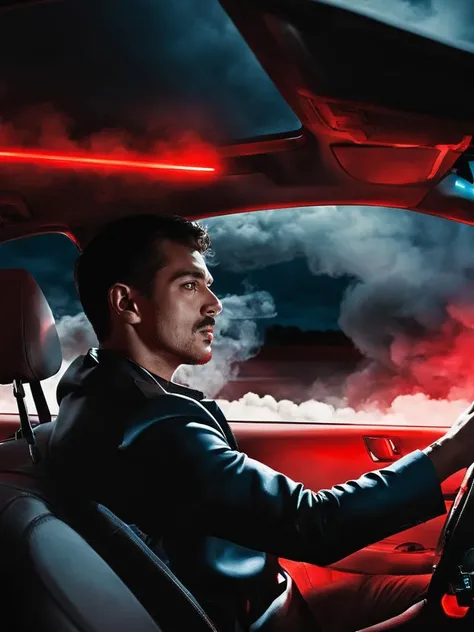 a man driving a car at night with red lights , smoke, atmospheric , cloudy,<lora:cloudy_fashion:1>