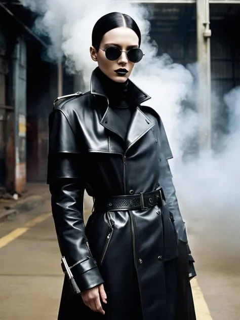 A leather-clad rebel in a post-apocalyptic, cyberpunk world, donning sleek, matrix-inspired shades, and trench coat, exuding an air of undeniable coolness in a fashion editorial masterpiece. , (smoke, atmospheric , cloudy)<lora:cloudy_style:1>