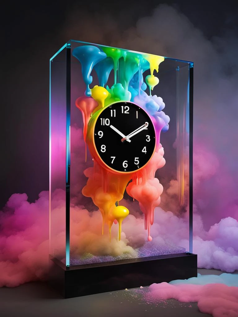 A vibrant, surrealist clock:1.0 suspended in mid-air, its rainbow-hued numbers melting and dripping like liquid, capturing time in a dreamlike state. , (smoke, atmospheric , cloudy)<lora:cloudy_style:1>