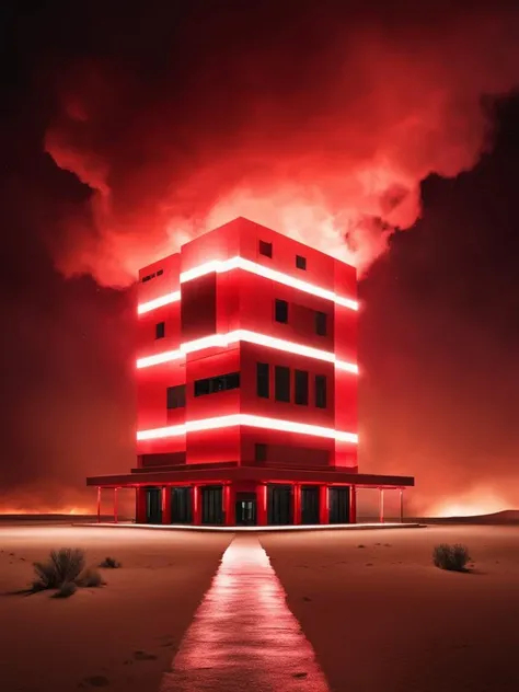 a building with red lights in the desert , smoke, atmospheric , cloudy,<lora:cloudy_fashion:1>