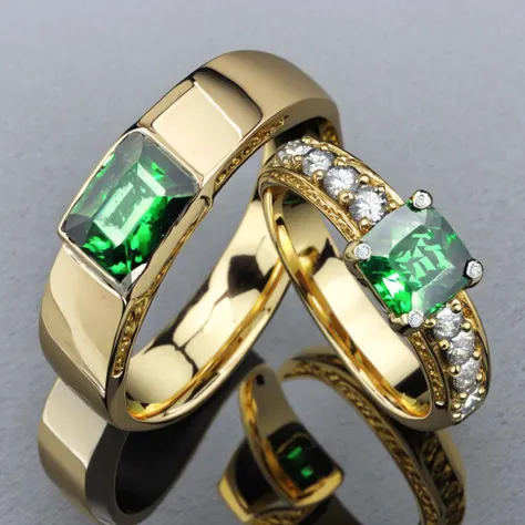 <lora:Copax_StyleMix_4_Wedding_Rings:1> wedding rings, gold, green gemstones