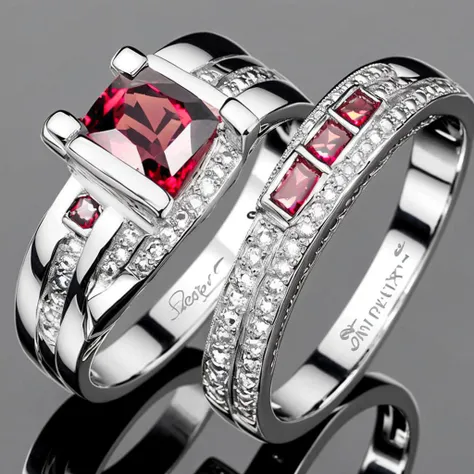 <lora:Copax_StyleMix_4_Wedding_Rings:1> wedding rings, silver, red gemstones
