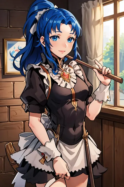 masterpiece, best quality, fekris, fates maid, holding broom, indoors, smile <lora:fekris-nvwls-v1-000009:0.9> <lora:FEFatesMaid_v1:1> fates maid