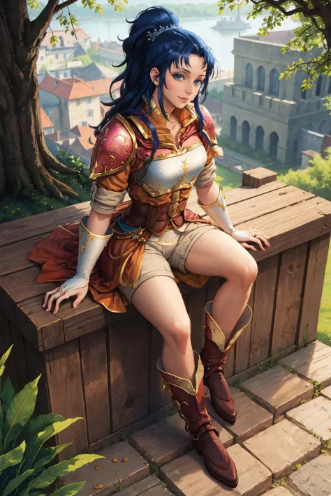 masterpiece, best quality, fekris, armor, orange tunic, bridal gauntlets, white shorts, boots, sitting, looking at viewer, smile, furrowed brow, from above <lora:fekris-nvwls-v1-000009:0.9>