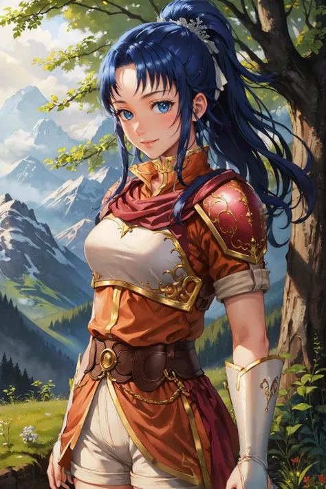 masterpiece, best quality, fekris, armor, orange tunic, bridal gauntlets, white shorts, looking at viewer, upper body, looking at viewer, smile, sky, forest, alpine forest, arms at sides <lora:fekris-nvwls-v1-000009:0.9>