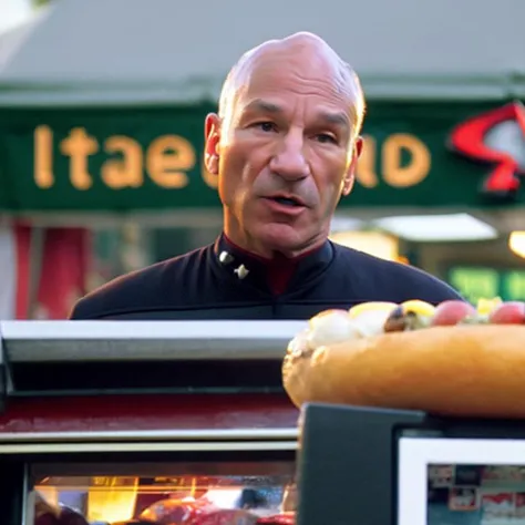 sdn, a medium view of captain jean-luc picard, (human), man, wearing starfleet command red and black uniform, face focus, upper body, outside, hot dog stand, hot dog cart, newspaper stand, sidewalk, city street, new york city, cloudy day, sir patrick stewart, smooth bald shiny head