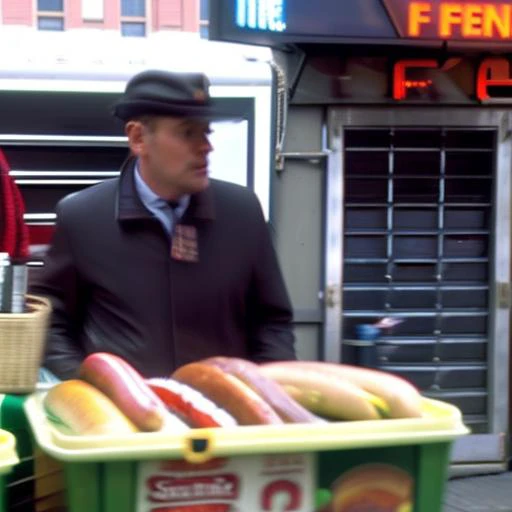 sdn sdn, (ferangi), nog, man, face focus, upper body, hot dog stand, ketchup, mustard, relish, onions, hat, hot dog cart, newspaper stand, sidewalk, city street, new york city, cloudy day,