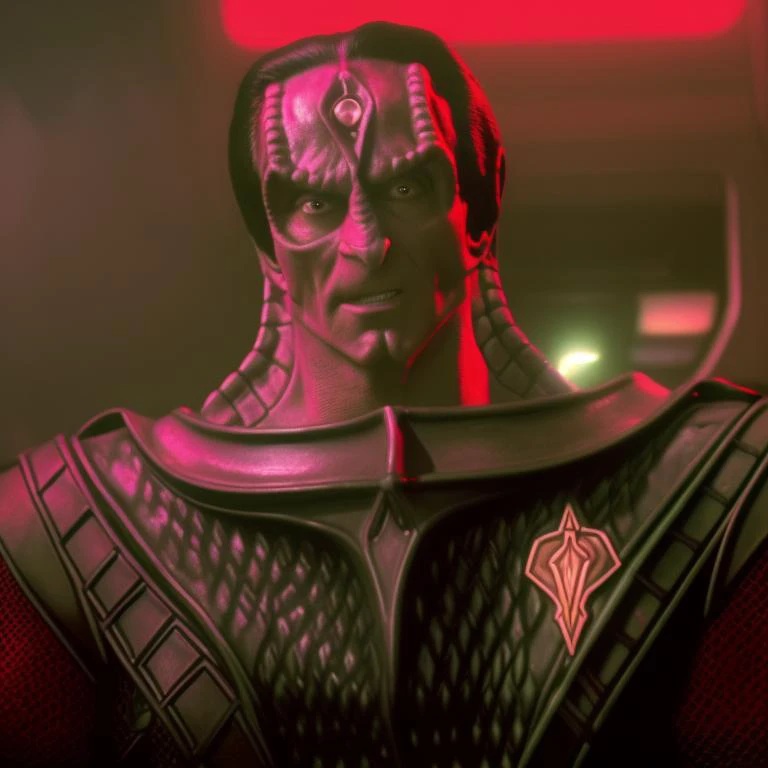 sdn, a low view of ((gul dukat)), cardassian, man, wearing cardassian uniform, intense distressed expression, sitting in ship chair, with blurry (red alert) background, red (glowing fog), emergency, chaotic, marc alaimo