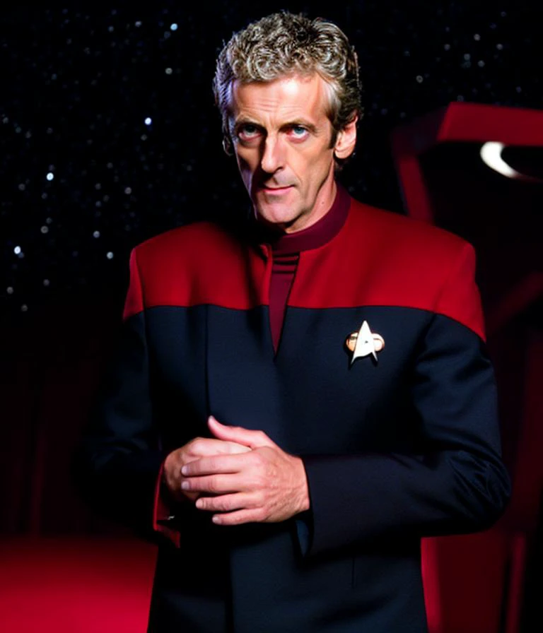 sdn, a standing portrait of Peter Capaldi, human, wearing starfleet command [maroon red] uniform, stars in background, sharp focus, wide shot, to8contrast style, <lora:theovercomer8sContrastFix_sd21768:0.7>, Nikon D70, award winning photograph, dim lighting, moody lighting