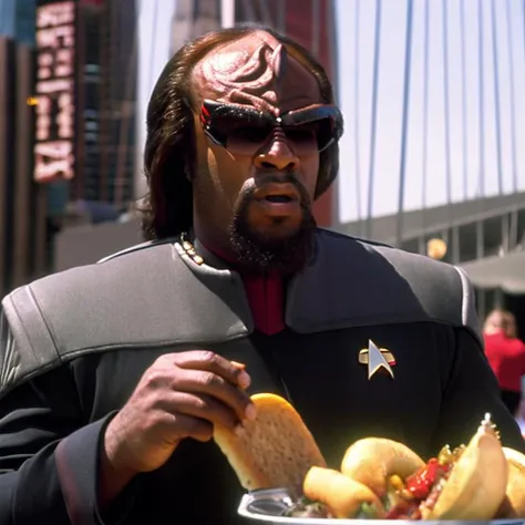 sdn, a low wide view of worf, klingon, man, wearing starfleet black and red command uniform, [face focus], outside, eating a hot dog, hot dog stand, hot dog cart, newspaper stand, sidewalk, city street, new york city, moody cinematic lighting, soft lighting, high quality, film grain, sash, wearing sunglasses, empire state building background