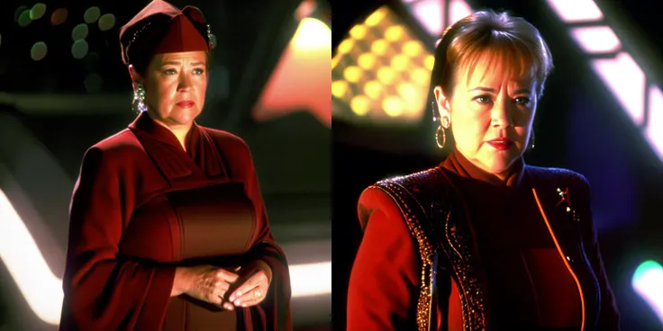 sdn, a wide shot portrait of ((Kathy Bates)), Bajoran, woman, wearing Bajoran Vedic uniform, Kai Winn clothing, kai Winn hat, serious expression, standing on the promenade, sharp focus, glowing lights, background out of focus, to8contrast style, <lora:theovercomer8sContrastFix_sd21768:0.4>, Nikon D70, award winning photograph, dim lighting, moody lighting, (bajoran nose bridge ridges)