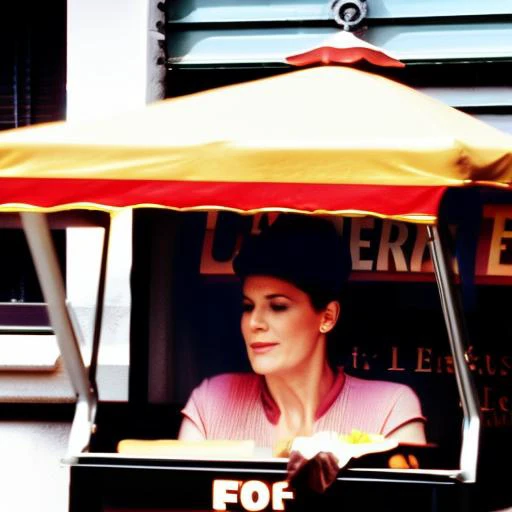 sdn sdn, (ferangi), face focus, upper body, hot dog stand, ketchup, mustard, relish, onions, hat, hot dog cart, newspaper stand, sidewalk, city street, new york city, cloudy day,