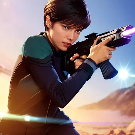 sdn, a medium view of (ezri dax), trill, woman, wearing starfleet sciences uniform, highly detailed, artstation, smooth, sharp focus, 8K, art by art by artgerm and edgar maxence, pixiv, holding phaser rifle, intense expression, short black hair