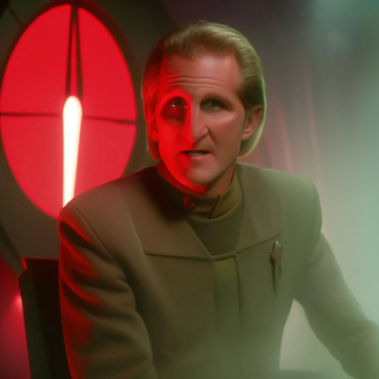 sdn, a low view of ((odo)), changeling, man, wearing [tan] (bajoran security uniform), intense distressed expression, sitting in ship chair, with blurry (red alert) background, red (glowing fog), emergency, chaotic, [rene auberjonois]