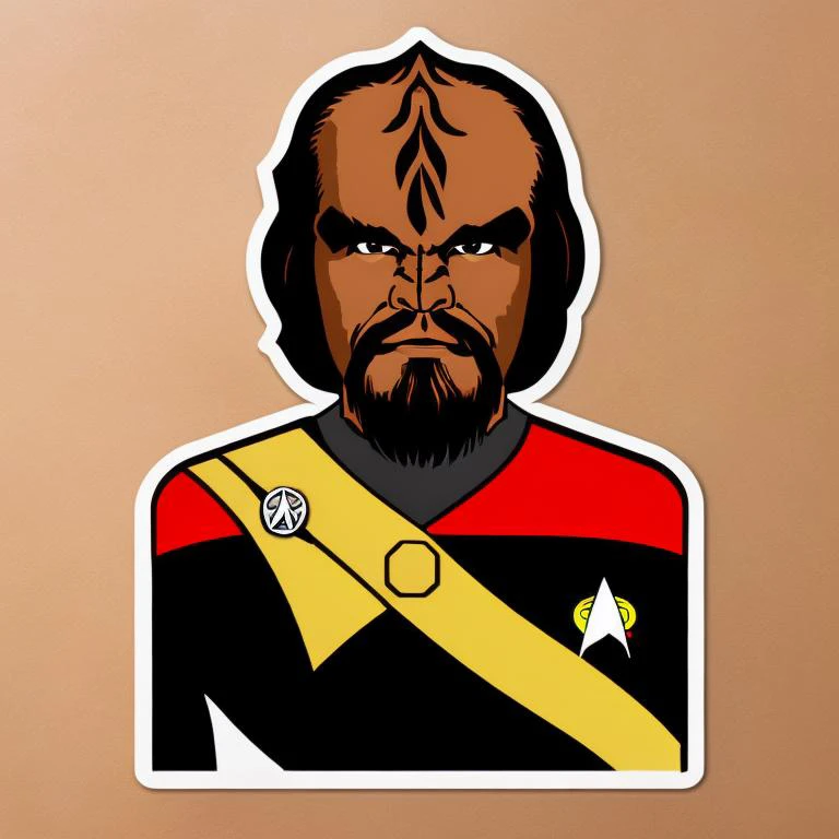 sdn, (worf), klingon, man, wearing starfleet command [maroon red:0.25] uniform, svg sticker, vector art, sash, white border