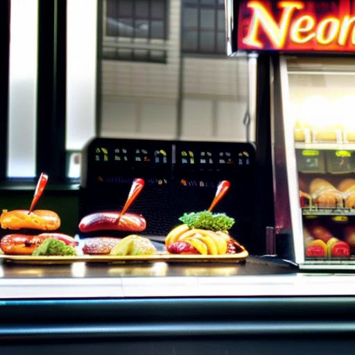 sdn sdn, (ferangi), nog, man, face focus, upper body, hot dog stand, ketchup, mustard, relish, onions, hat, hot dog cart, newspaper stand, sidewalk, city street, new york city, cloudy day,