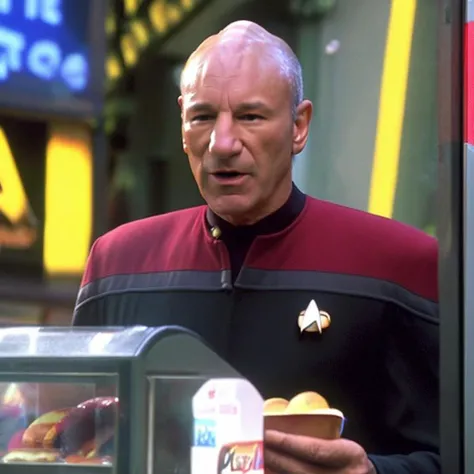 sdn, a medium view of captain (jean-luc picard), (human), man, wearing starfleet command red and black uniform, face focus, outside, holding a hot dog with relish, hot dog stand, hot dog cart, newspaper stand, sidewalk, city street, new york city, cloudy day, (sir patrick stewart), smooth bald shiny head, moody cinematic lighting, star trek