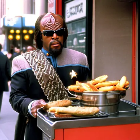 sdn, a low wide view of worf, klingon, man, wearing starfleet black and red command uniform, [face focus], outside, eating a hot dog, hot dog stand, hot dog cart, newspaper stand, sidewalk, city street, new york city, moody cinematic lighting, soft lighting, high quality, film grain, michael dorn, sash, wearing sunglasses, empire state building background