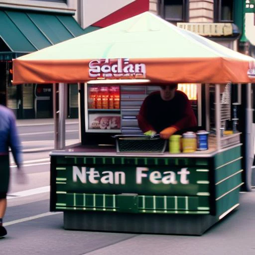 sdn (data), face focus, upper body, hot dog stand, ketchup, mustard, relish, onions, hat, hot dog cart, newspaper stand, sidewalk, city street, new york city, cloudy day,