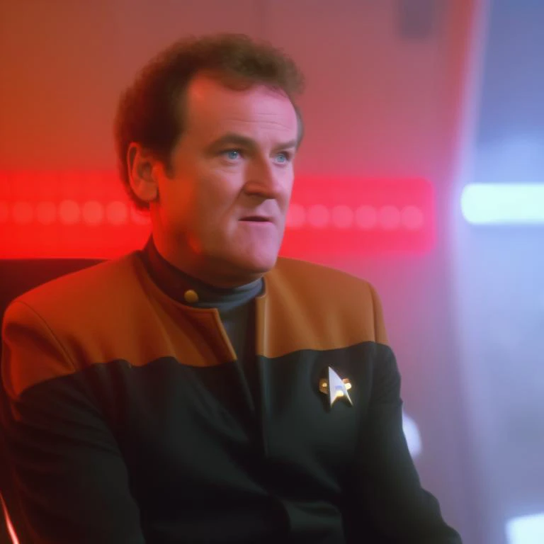 sdn, a low view of (miles o'brien), human, man, wearing [yellow black and grey] starfleet operations uniform, intense distressed expression, sitting in ship chair, with blurry (red alert) background, red (glowing fog), emergency, chaotic, colm meaney