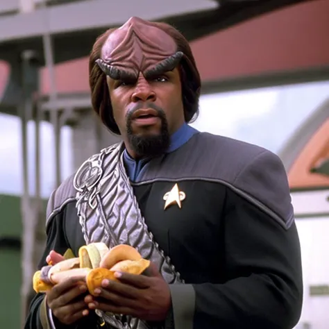 sdn, a medium view of worf, klingon, man, wearing starfleet black and red command uniform, face focus, outside, holding a hot dog with relish, hot dog stand, hot dog cart, newspaper stand, sidewalk, city street, new york city background, cloudy day, moody cinematic lighting, soft lighting, high quality, film grain, michael dorn, sash