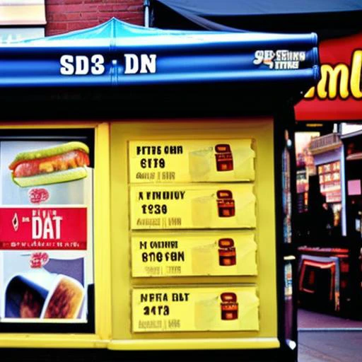 sdn sdn, (data), face focus, upper body, hot dog stand, ketchup, mustard, relish, onions, hat, hot dog cart, newspaper stand, sidewalk, city street, new york city, cloudy day,