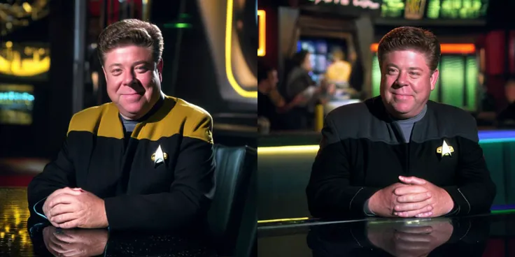 sdn, a wide shot portrait of (George Wendt), human, man, wearing [yellow black and grey] starfleet operations uniform, sitting at quark's bar, serious expression, sharp focus, glowing lights, background out of focus, to8contrast style, <lora:theovercomer8sContrastFix_sd21768:0.6>, Nikon D70, award winning photograph, dim lighting, moody lighting