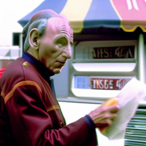 sdn ((Jean-Luc Picard)), face focus, upper body, , captain, hot dog stand, ketchup, mustard, relish, onions, hat, hot dog cart, newspaper stand, sidewalk, city street, new york city, cloudy day,